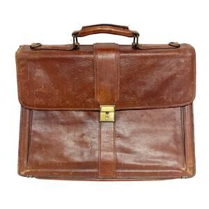 Vintage Brown Distressed Leather Lockable Top Handle Briefcase Case